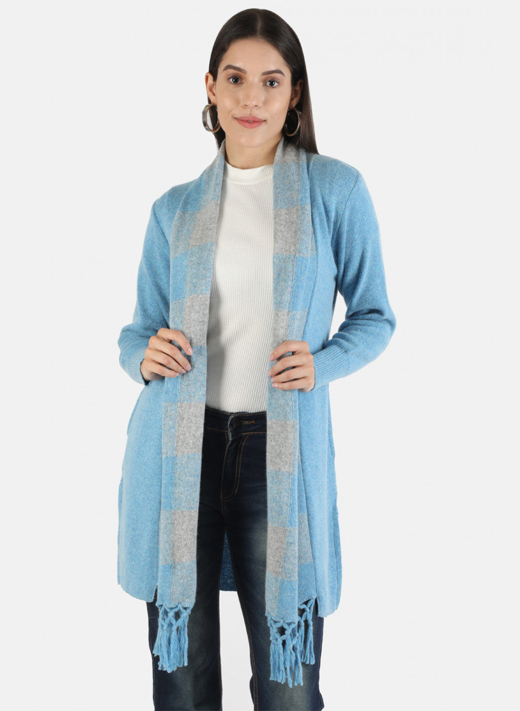 Women Blue Self Cardigan