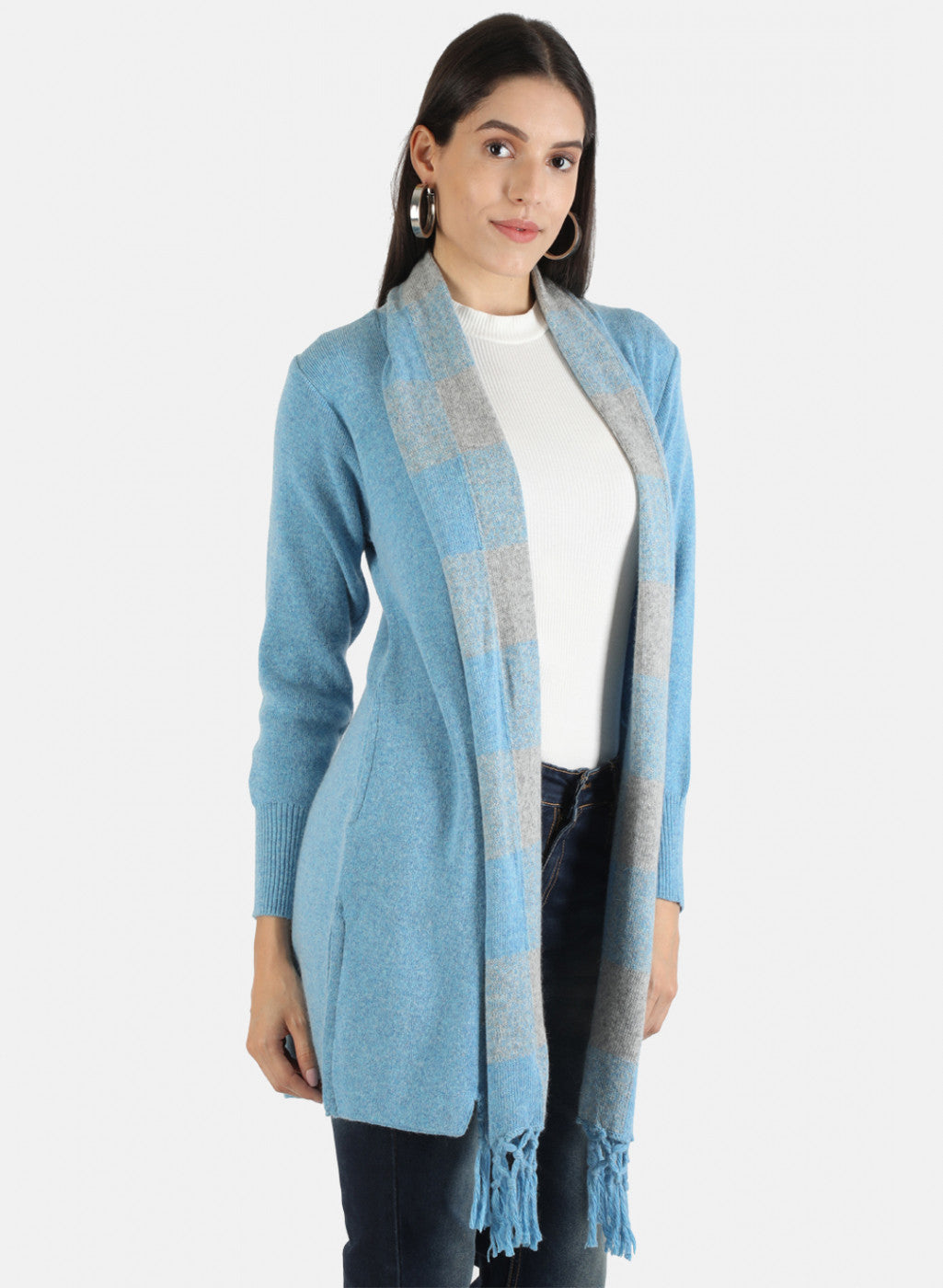 Women Blue Self Cardigan