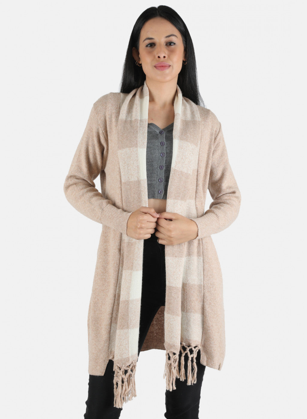 Women Brown Self Design Cardigan