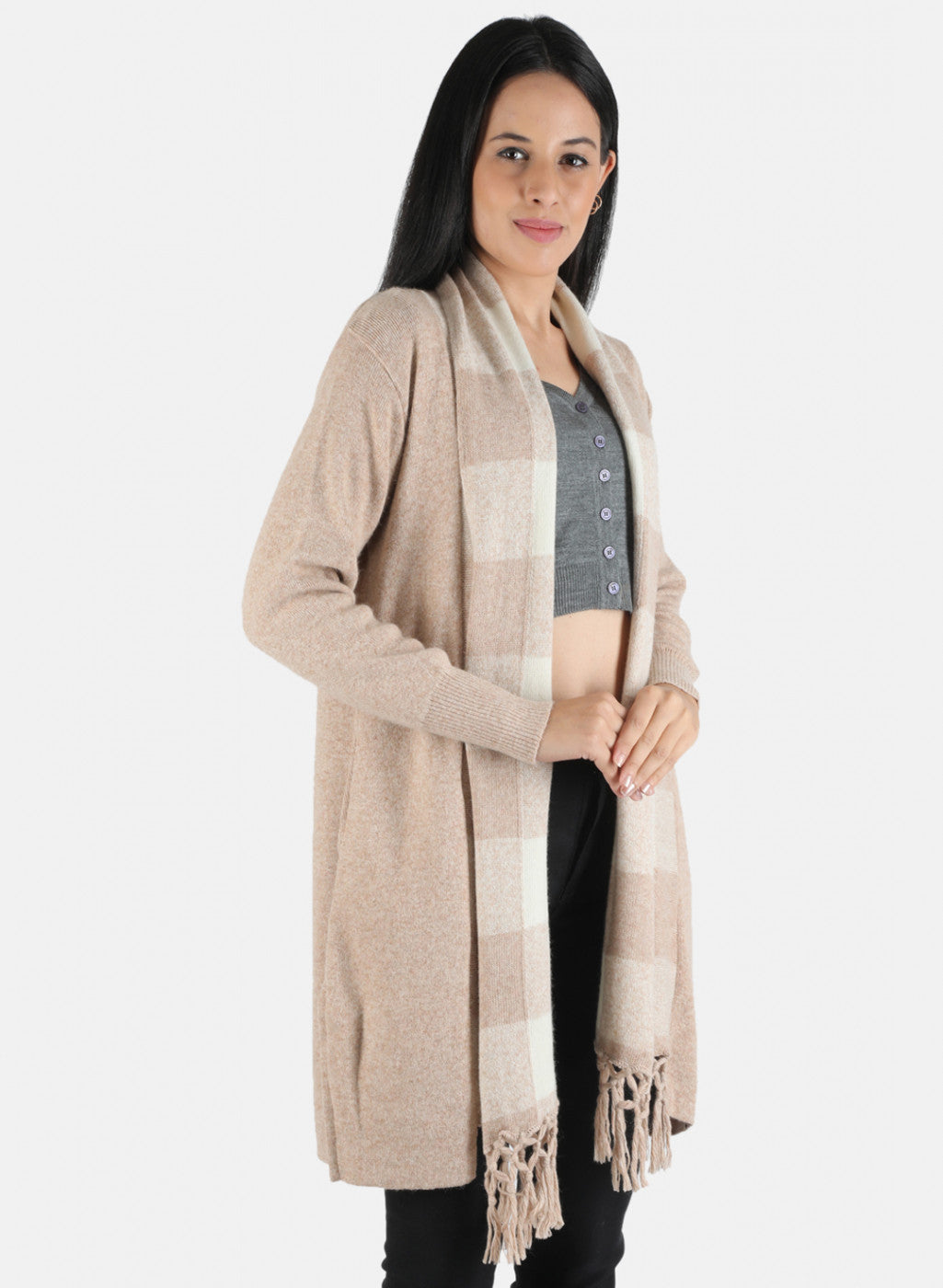 Women Brown Self Design Cardigan