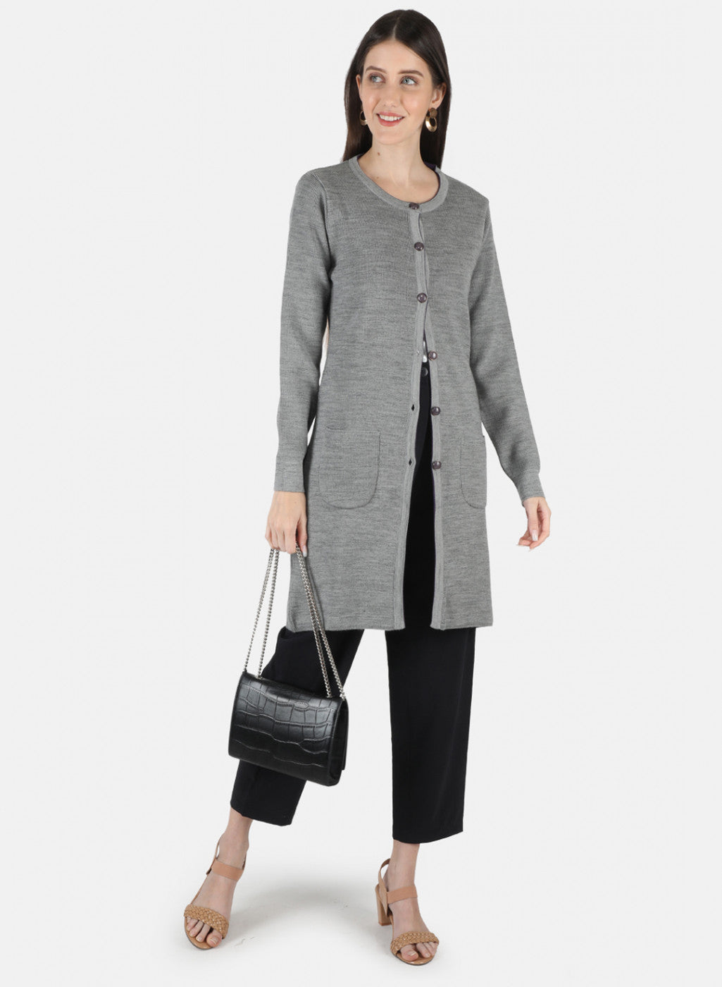 Women Grey Self Design Cardigan