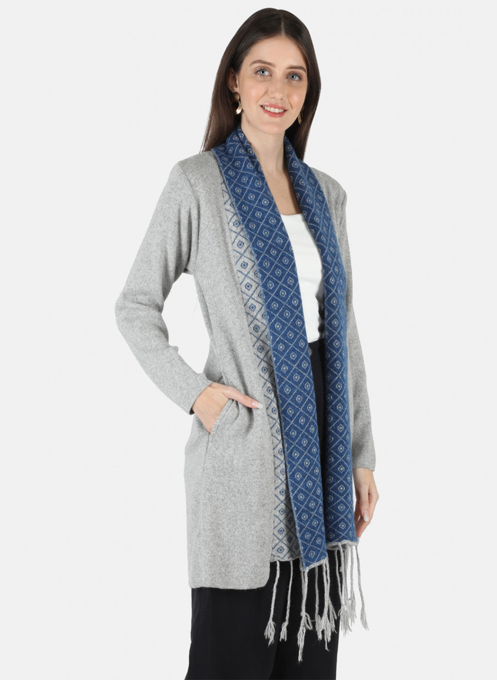 Women Grey Self Design Cardigan