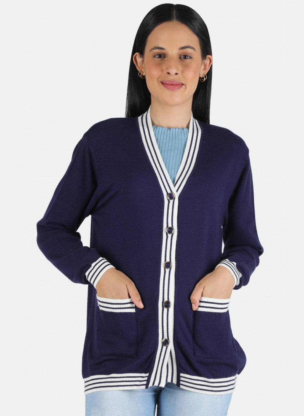 Women Blue Self Design Cardigan