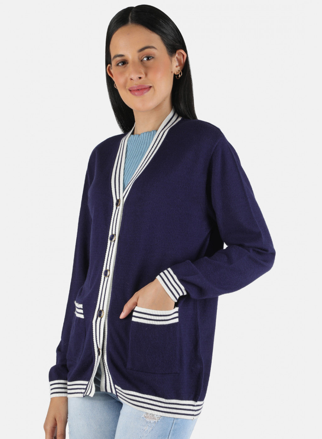 Women Blue Self Design Cardigan