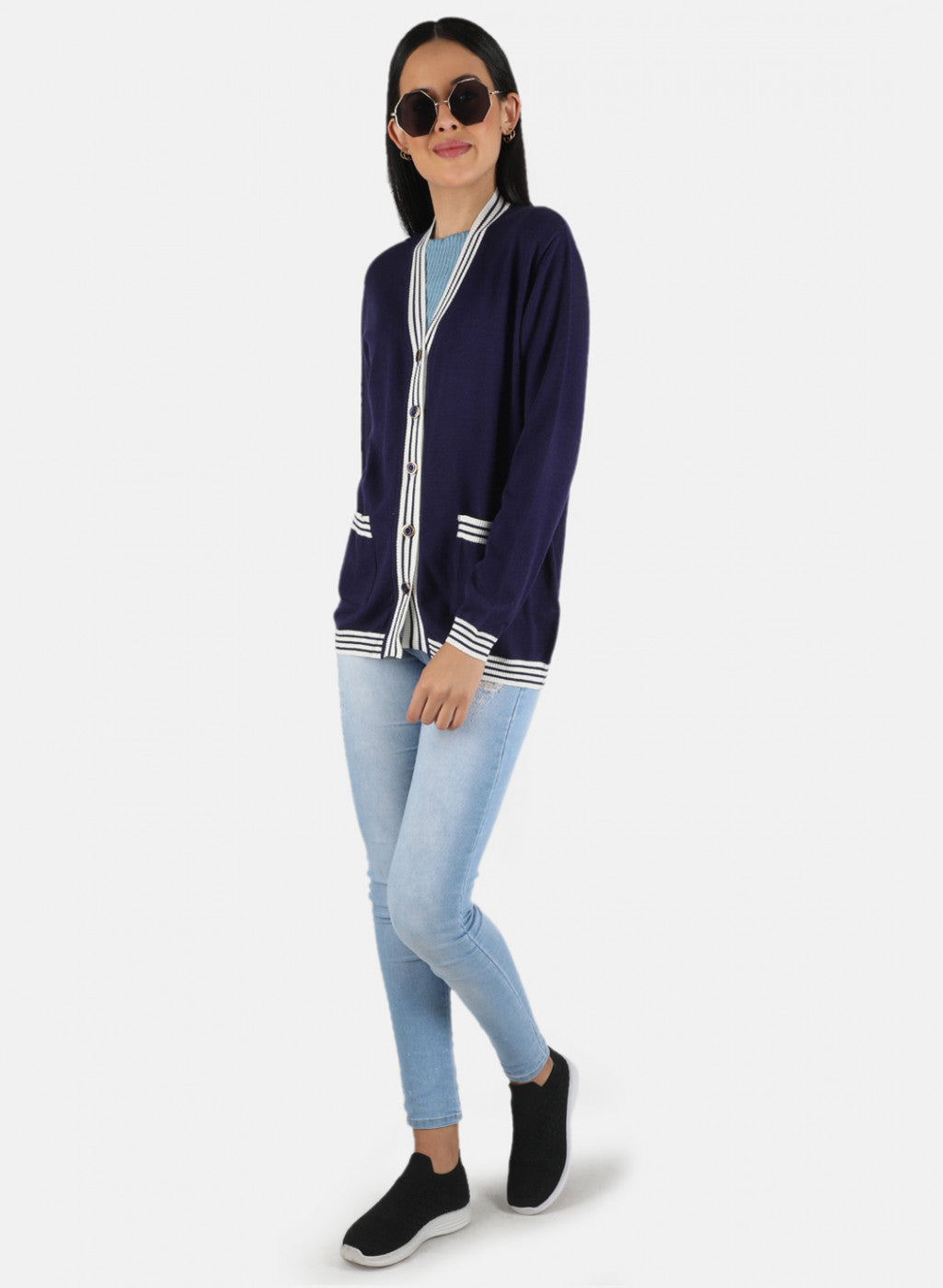 Women Blue Self Design Cardigan