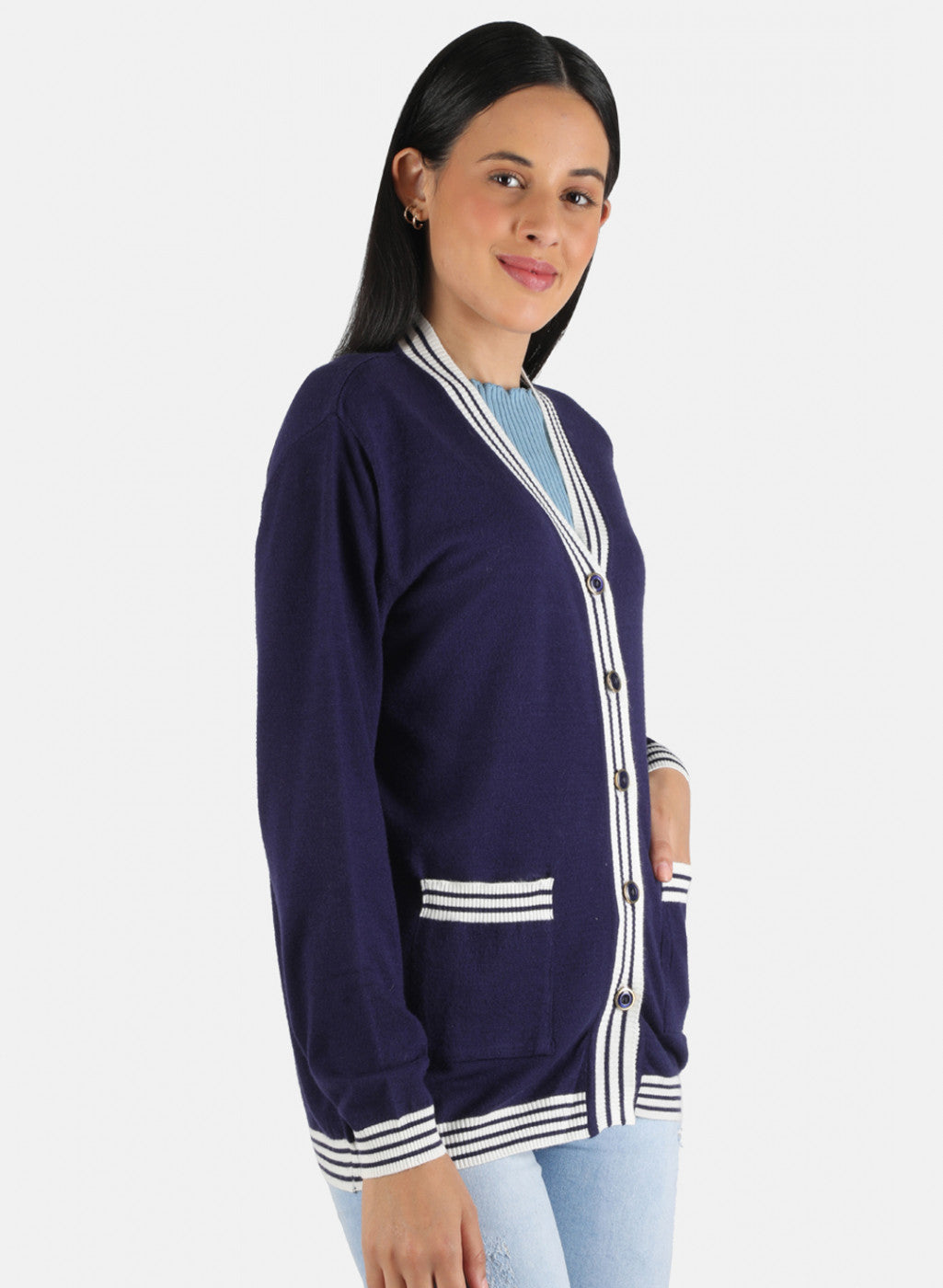 Women Blue Self Design Cardigan