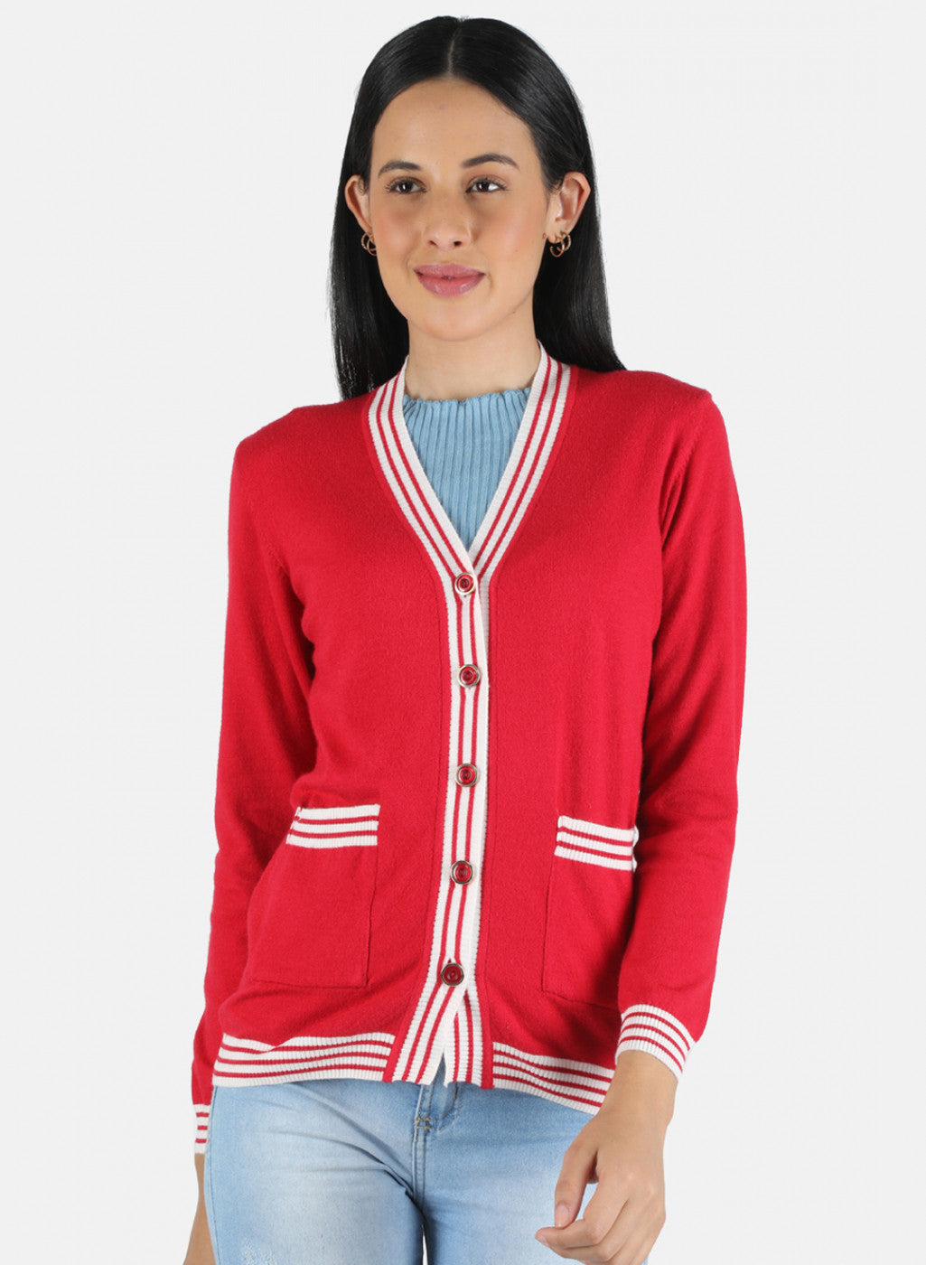 Women Red Self Design Cardigan