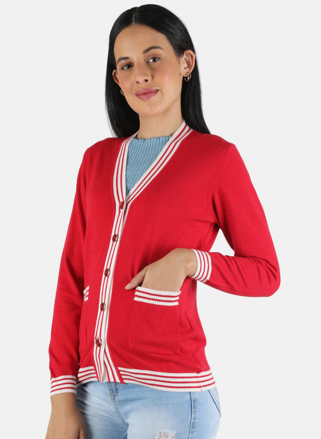 Women Red Self Design Cardigan