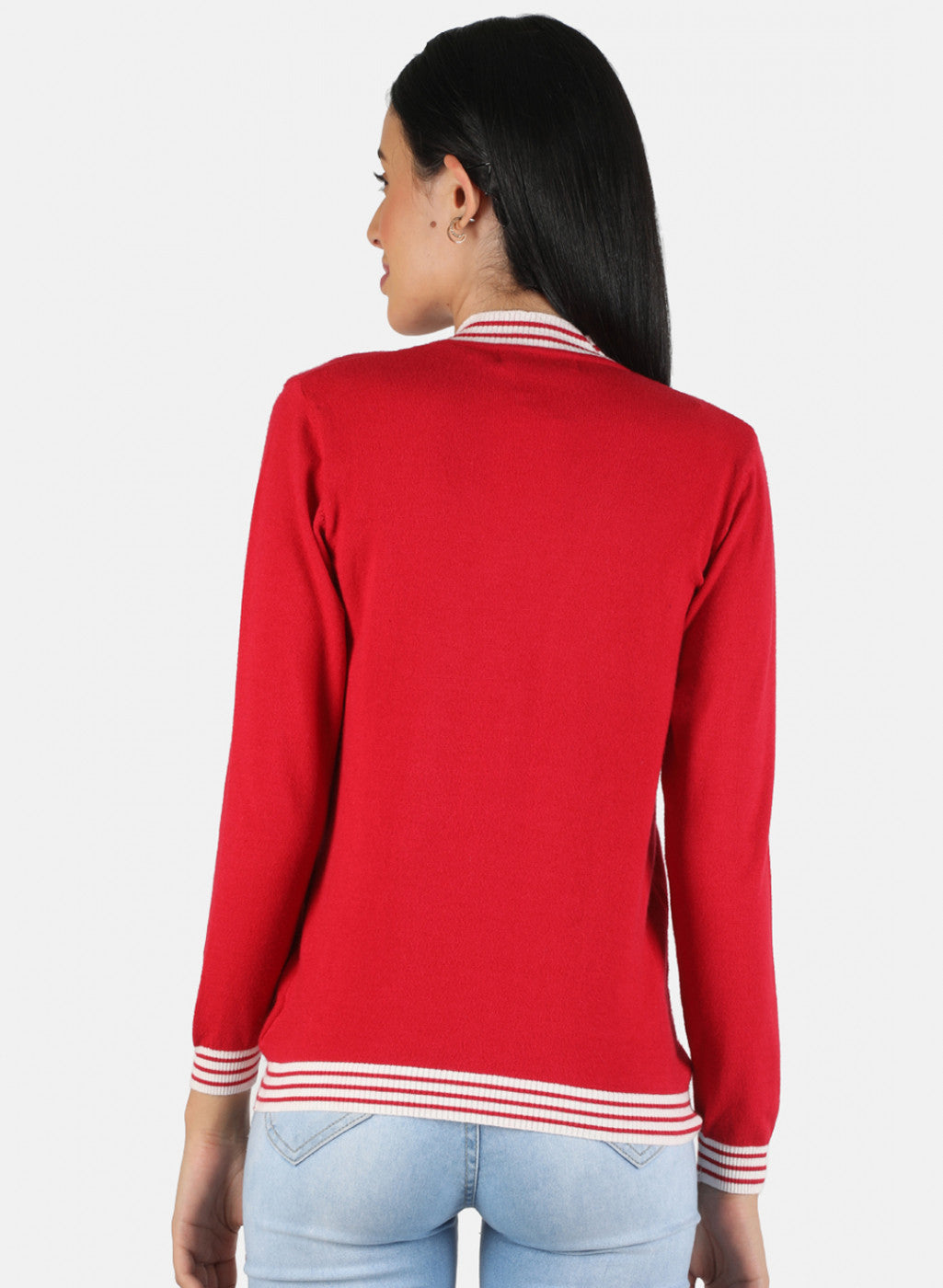 Women Red Self Design Cardigan