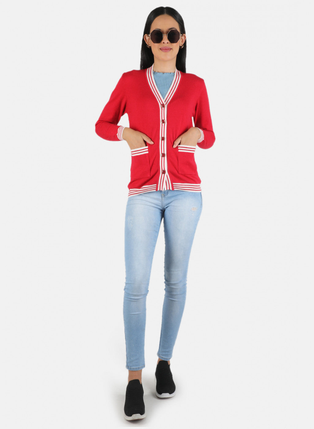 Women Red Self Design Cardigan