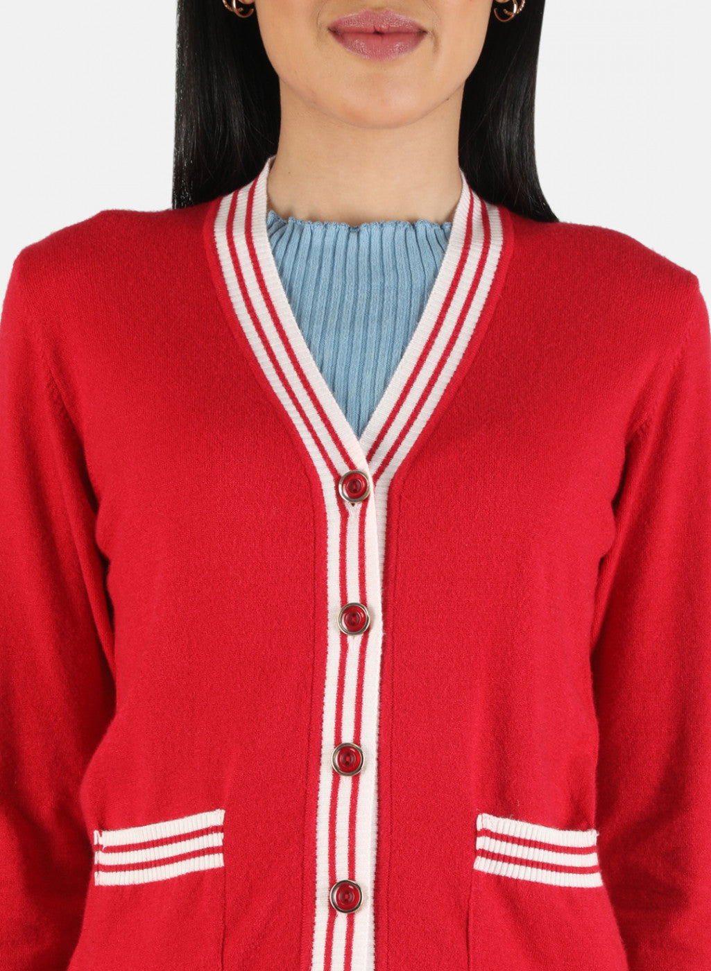 Women Red Self Design Cardigan