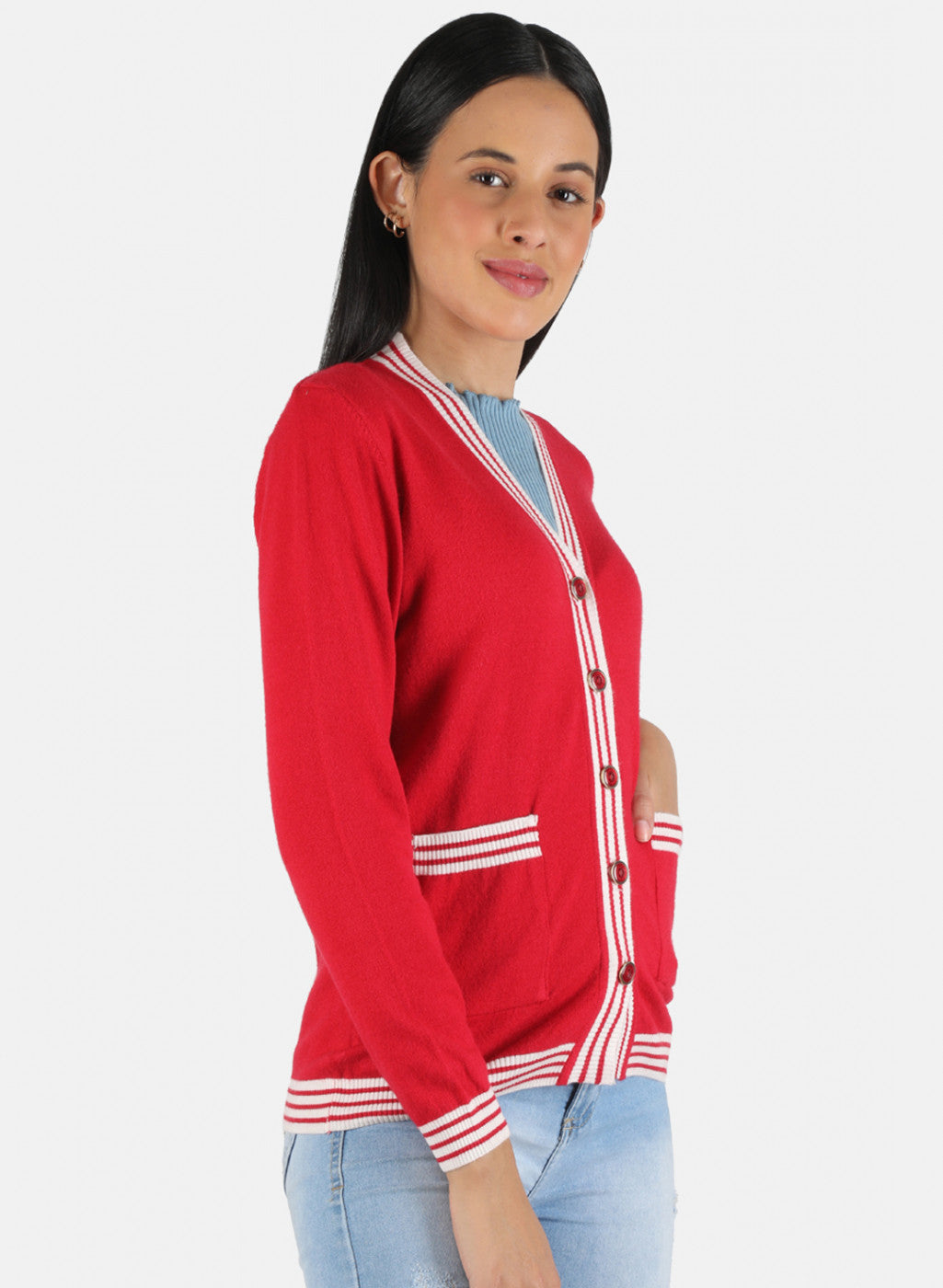 Women Red Self Design Cardigan