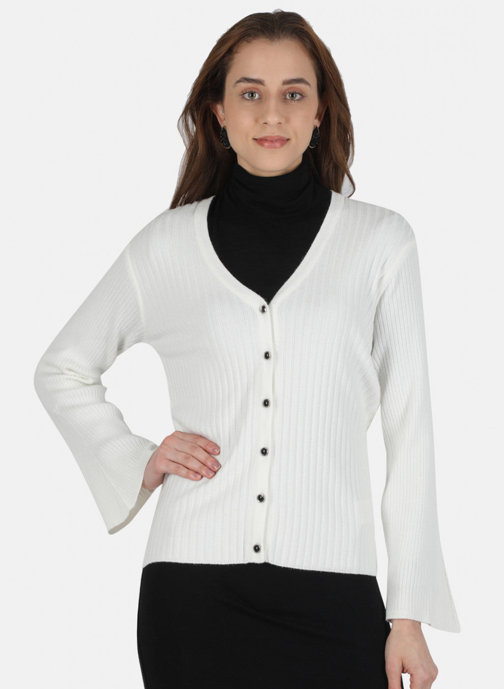 Women White Self Design Cardigan