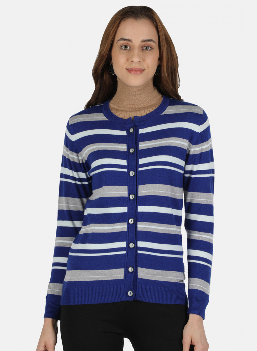 Women Blue Self Design Cardigan