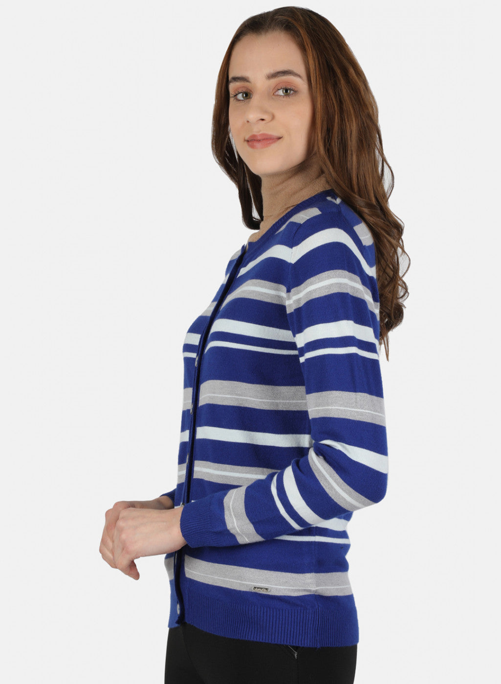 Women Blue Self Design Cardigan