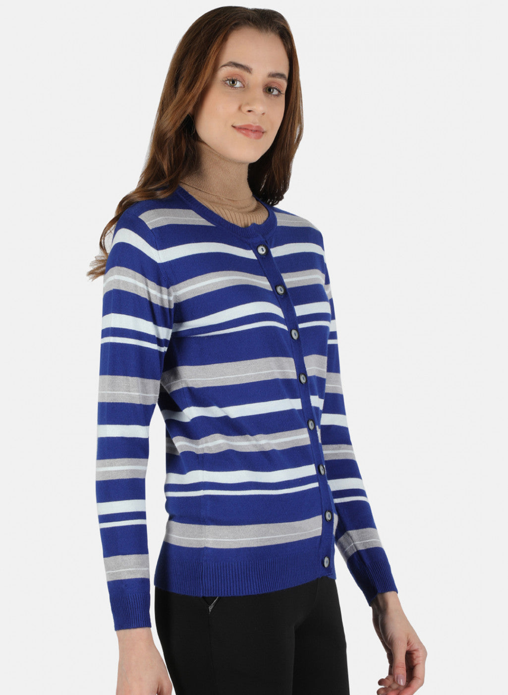 Women Blue Self Design Cardigan