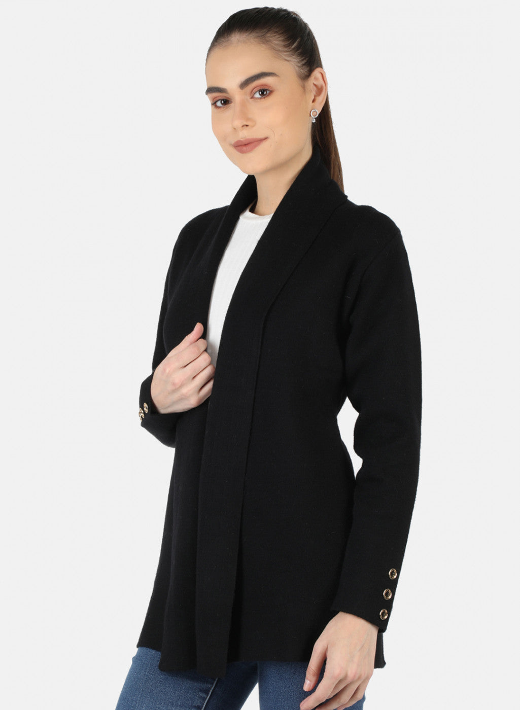 Women Black Self Design Cardigan