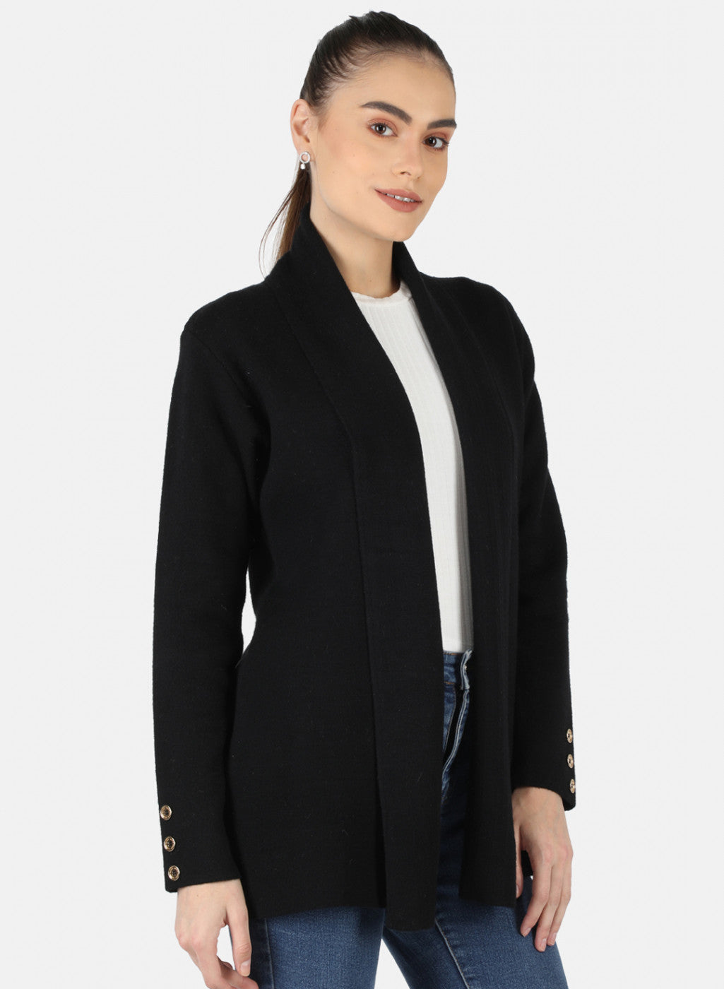 Women Black Self Design Cardigan