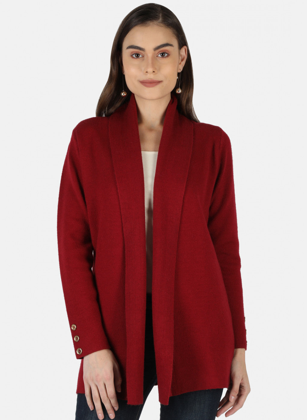 Women Maroon Self Design Cardigan