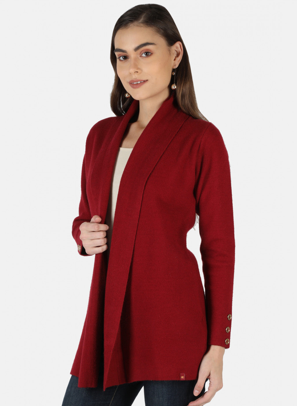 Women Maroon Self Design Cardigan