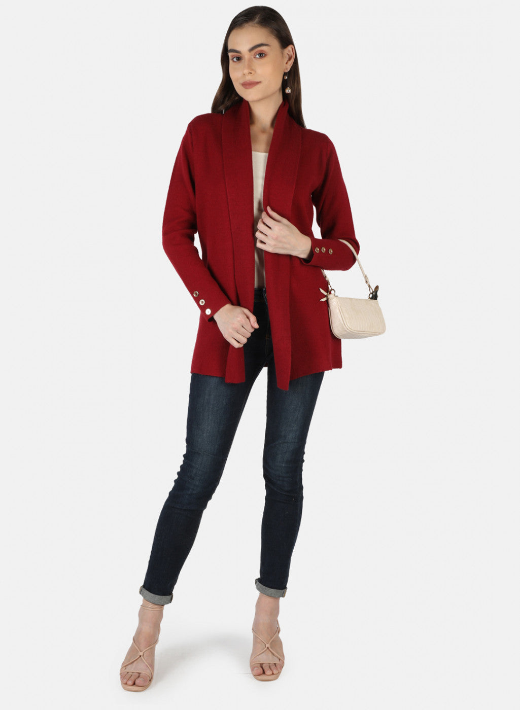 Women Maroon Self Design Cardigan