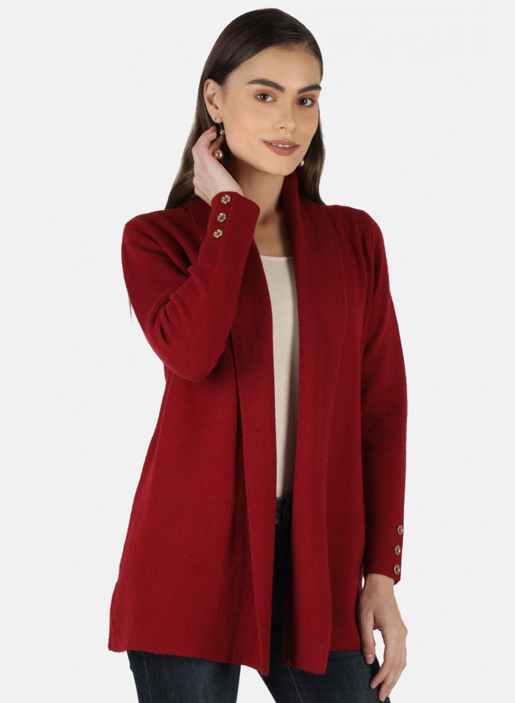 Women Maroon Self Design Cardigan