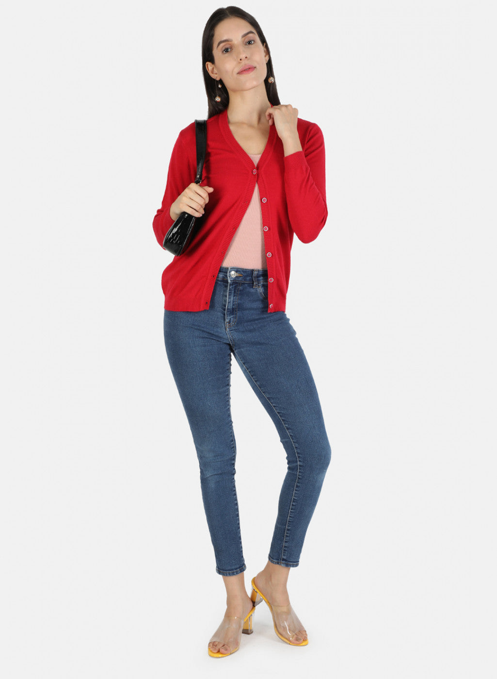 Women Red Solid Cardigan