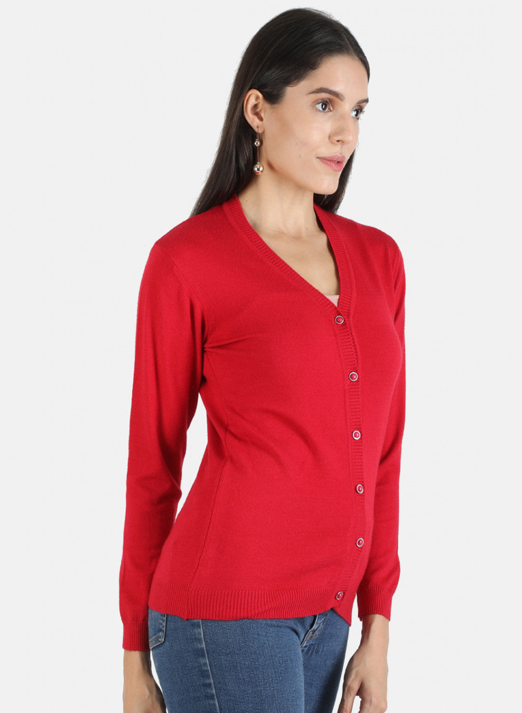 Women Red Solid Cardigan