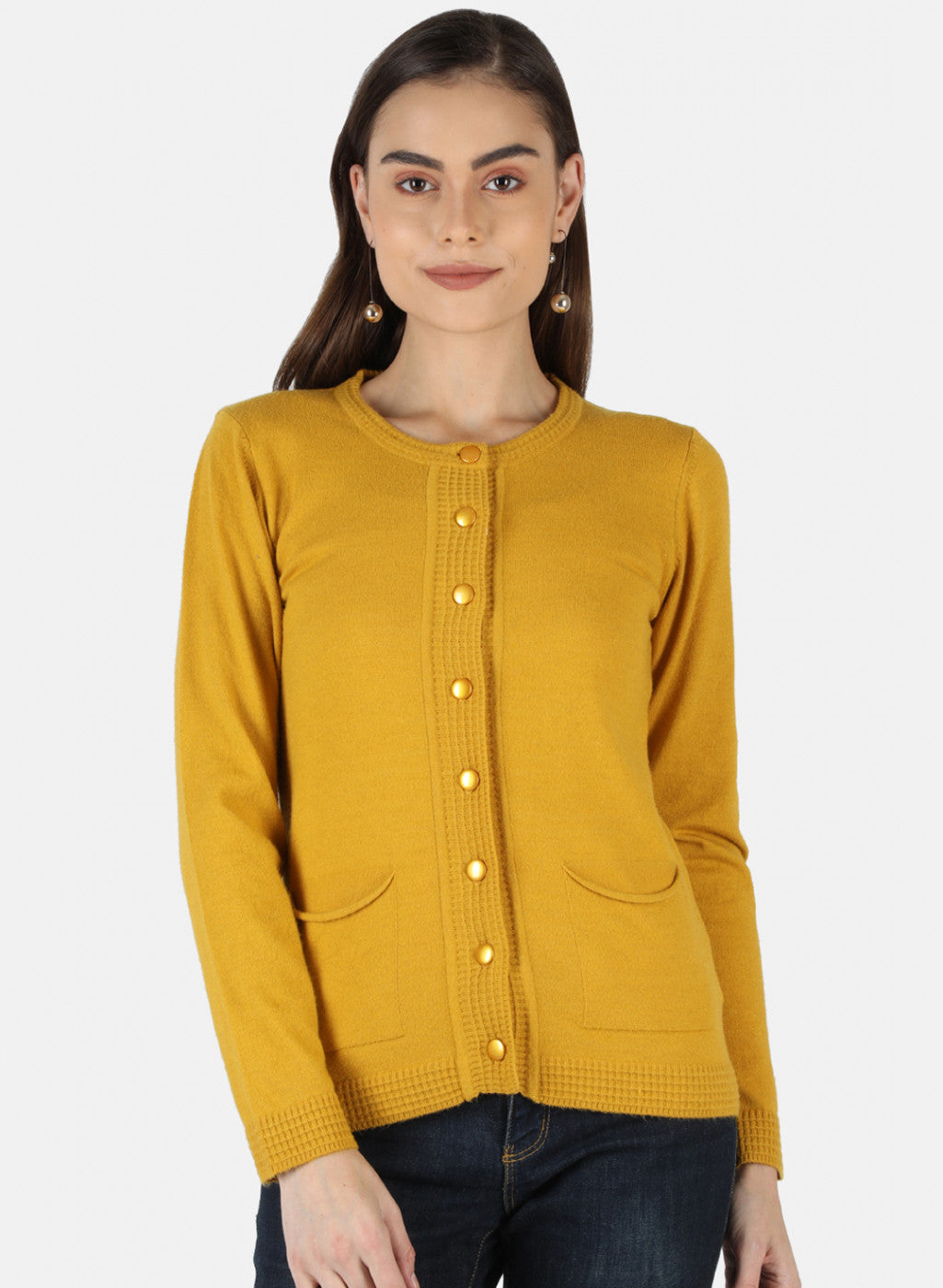 Women Mustard Self Design Cardigan