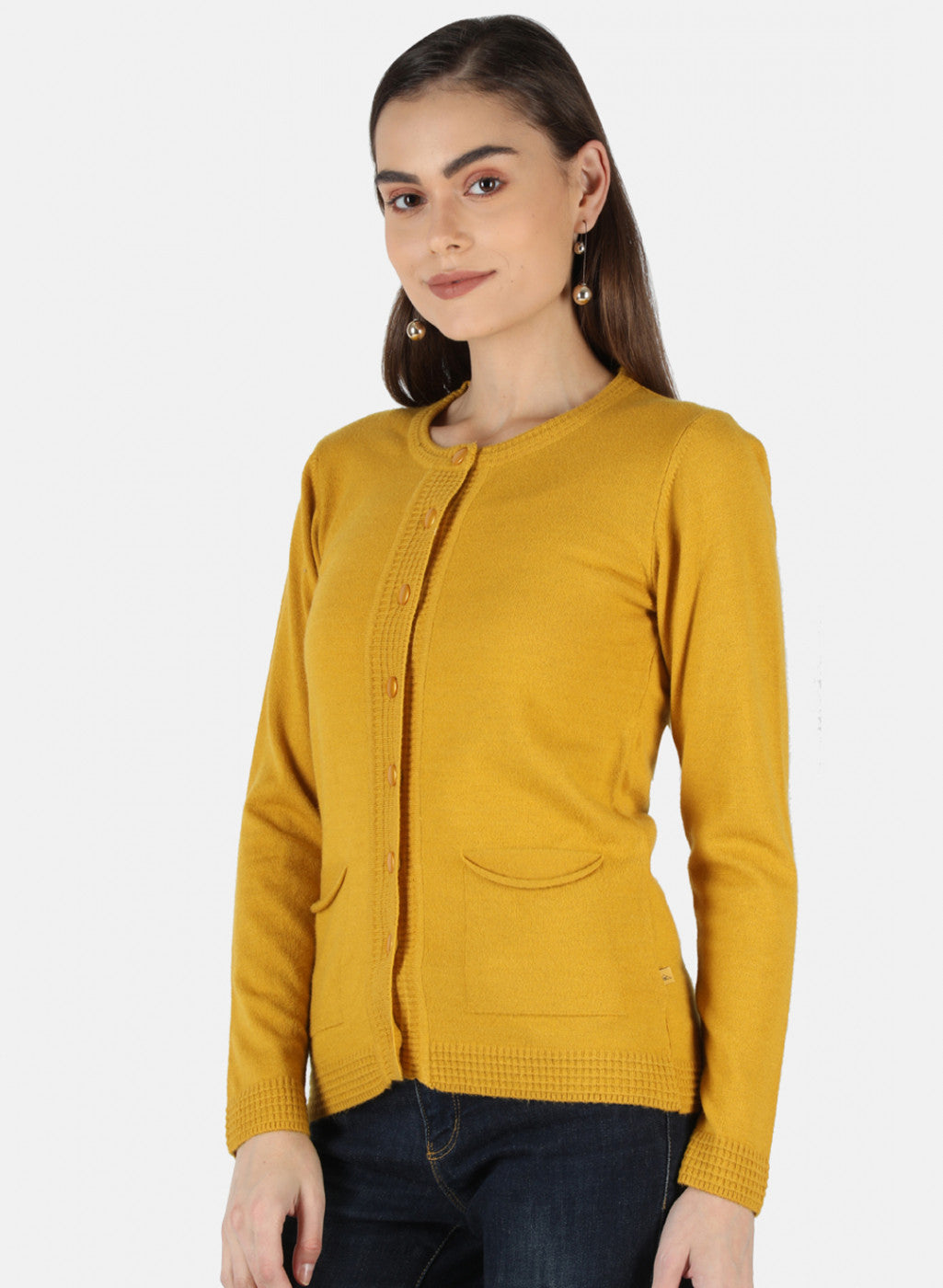 Women Mustard Self Design Cardigan