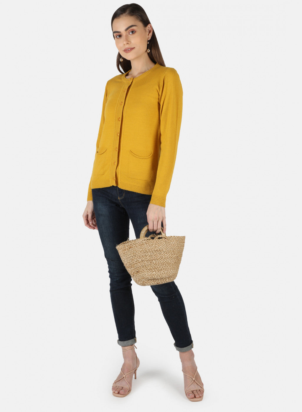 Women Mustard Self Design Cardigan