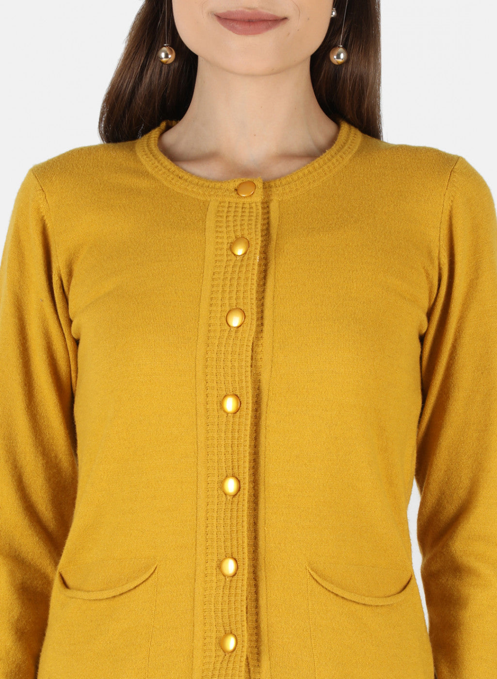 Women Mustard Self Design Cardigan