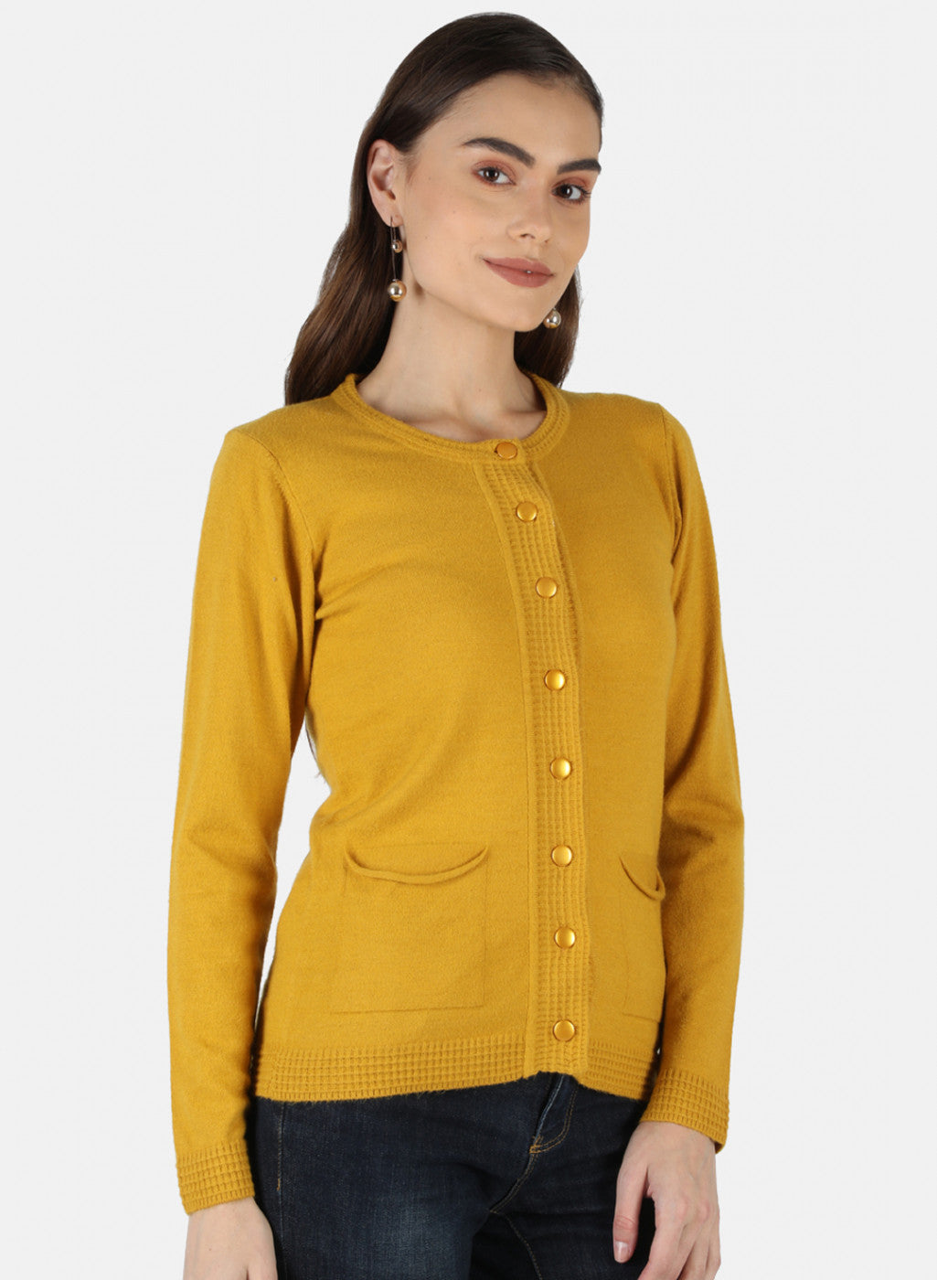 Women Mustard Self Design Cardigan