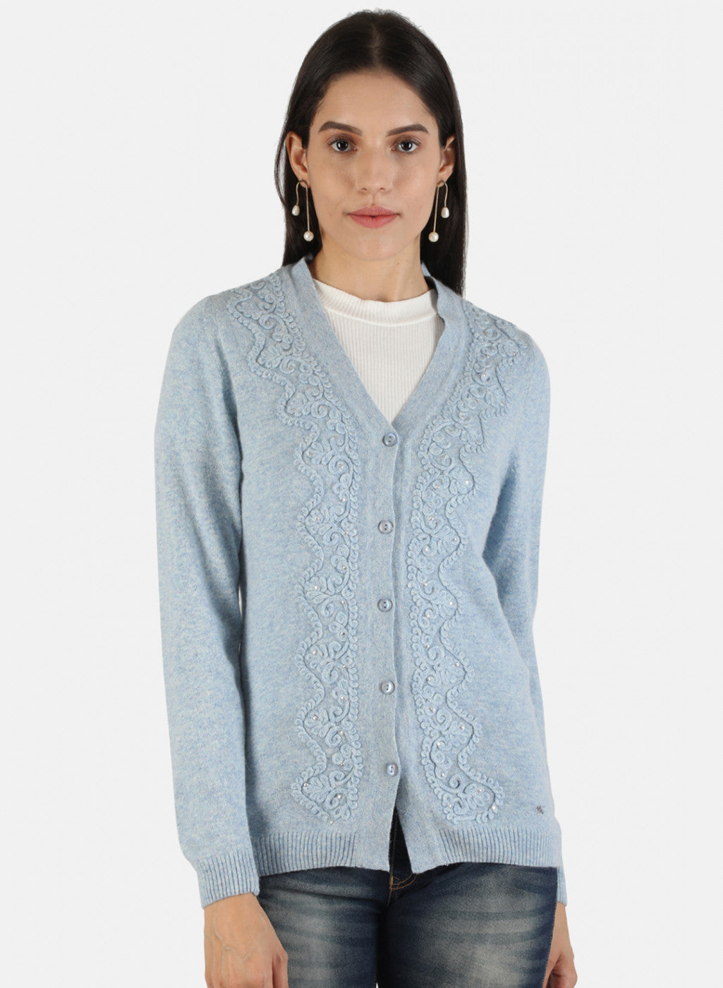 Women Blue Self Cardigan