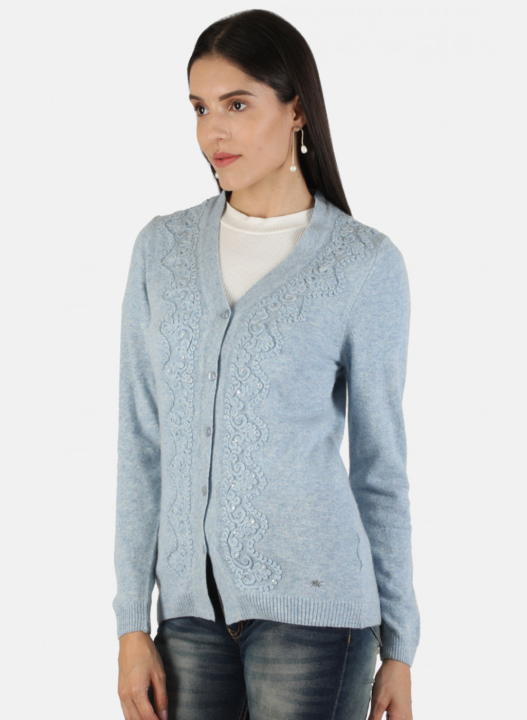 Women Blue Self Cardigan