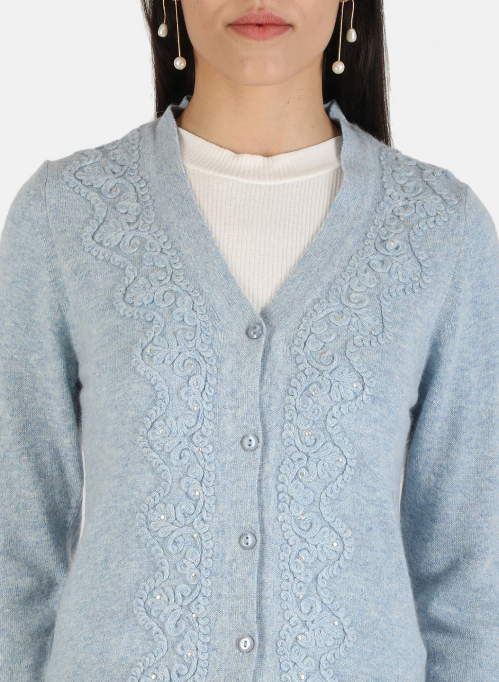 Women Blue Self Cardigan