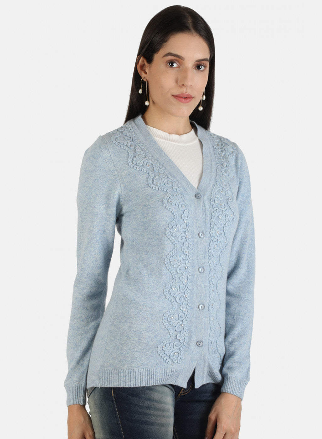 Women Blue Self Cardigan