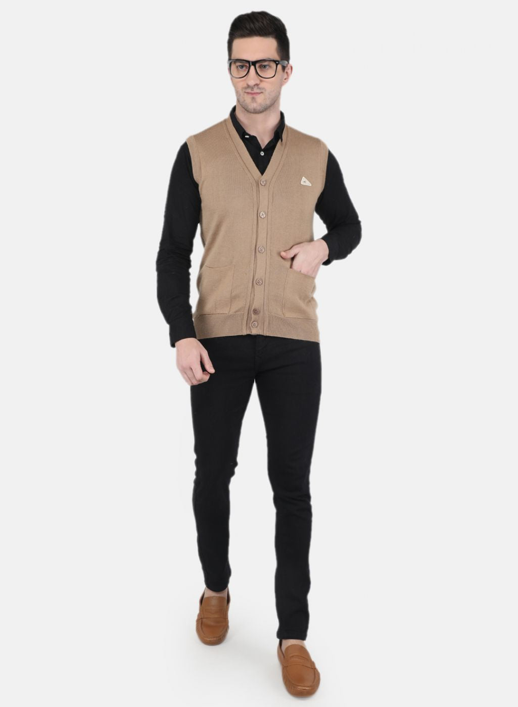 Men Beige Solid Cardigan