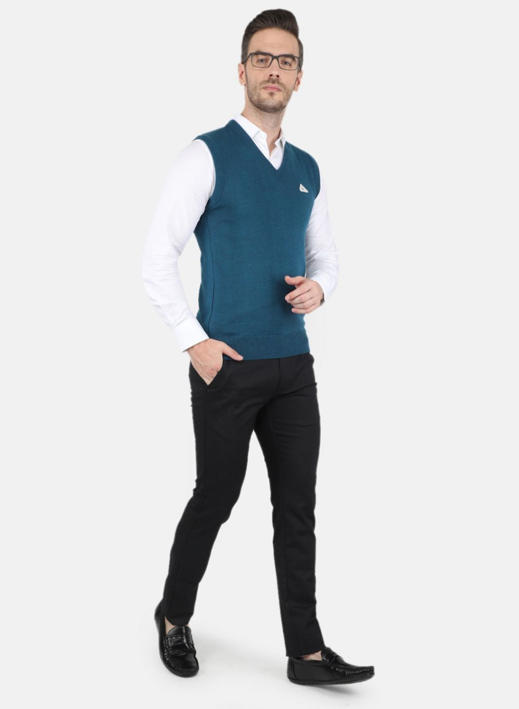 Men Teal Blue Solid Sweater