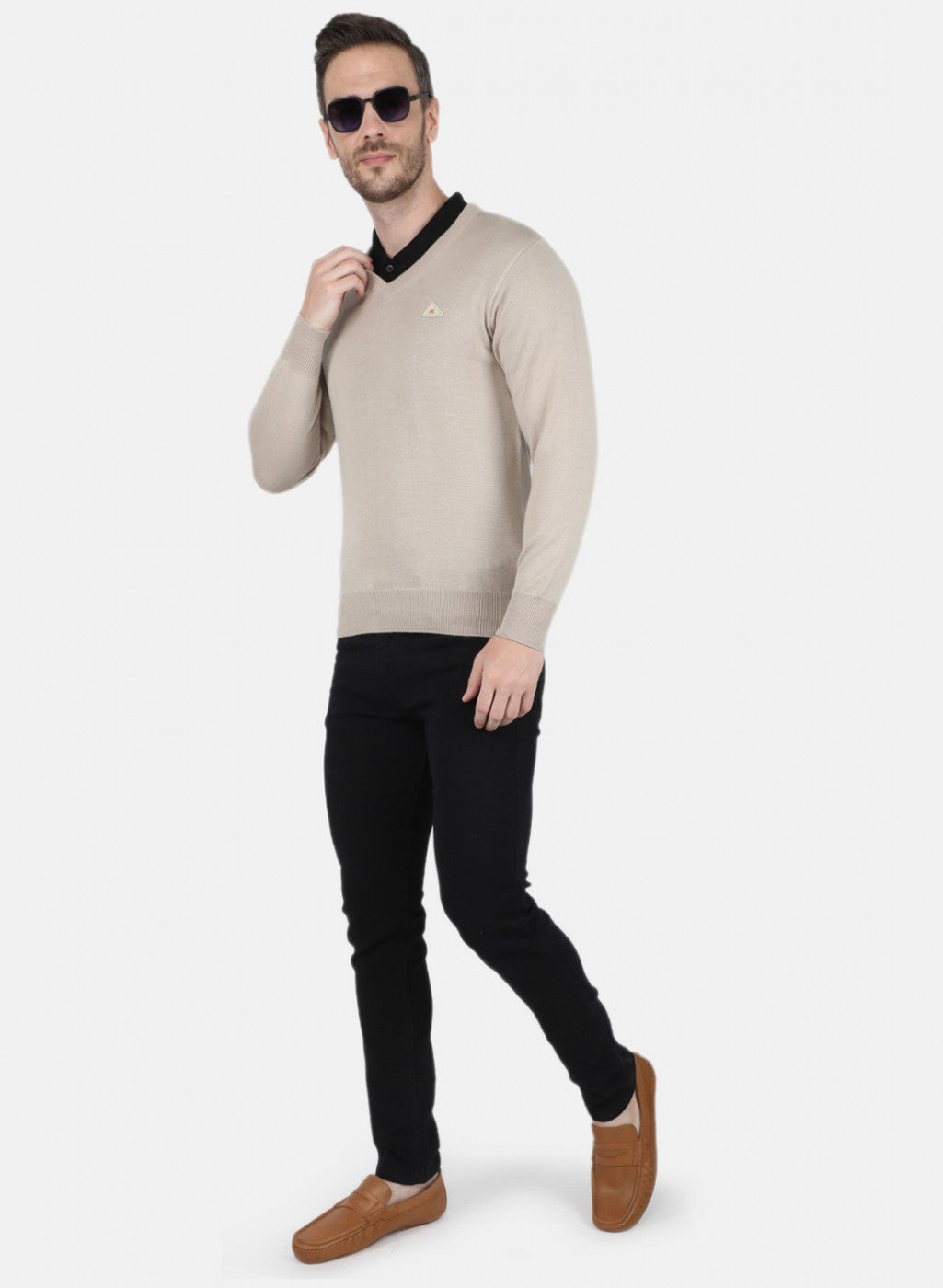 Men Beige Solid Pullover