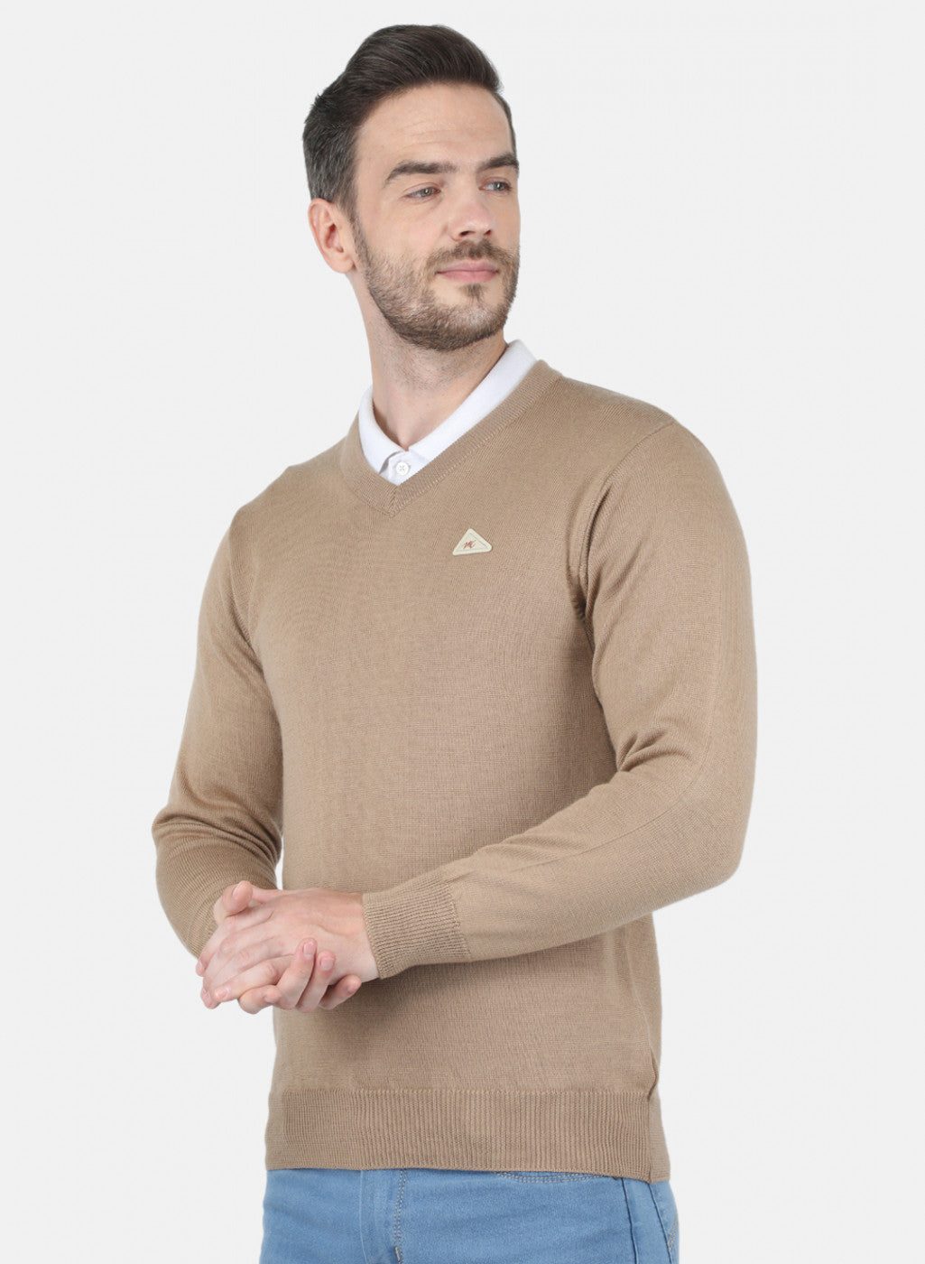 Men Beige Solid Pullover