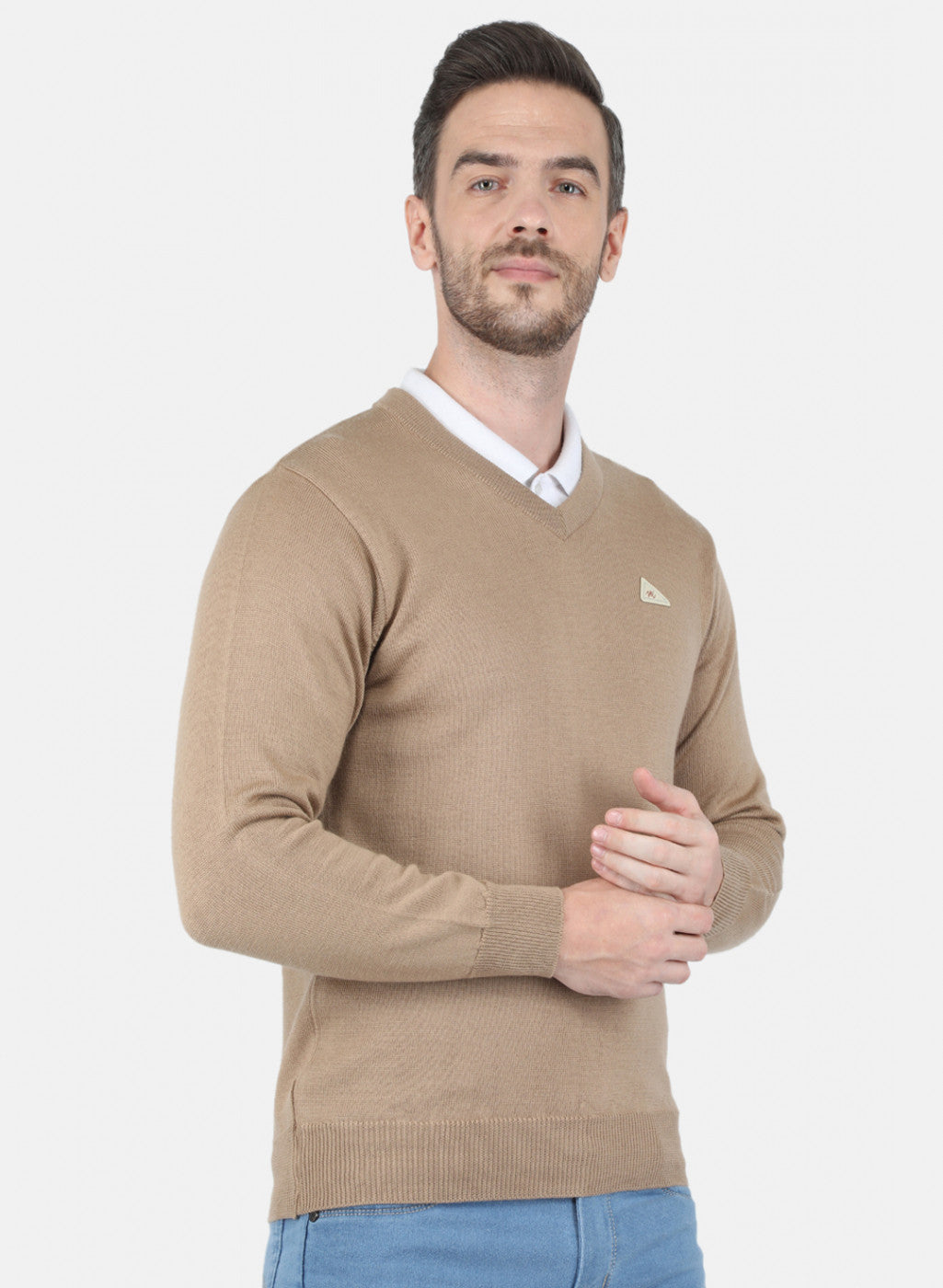 Men Beige Solid Pullover