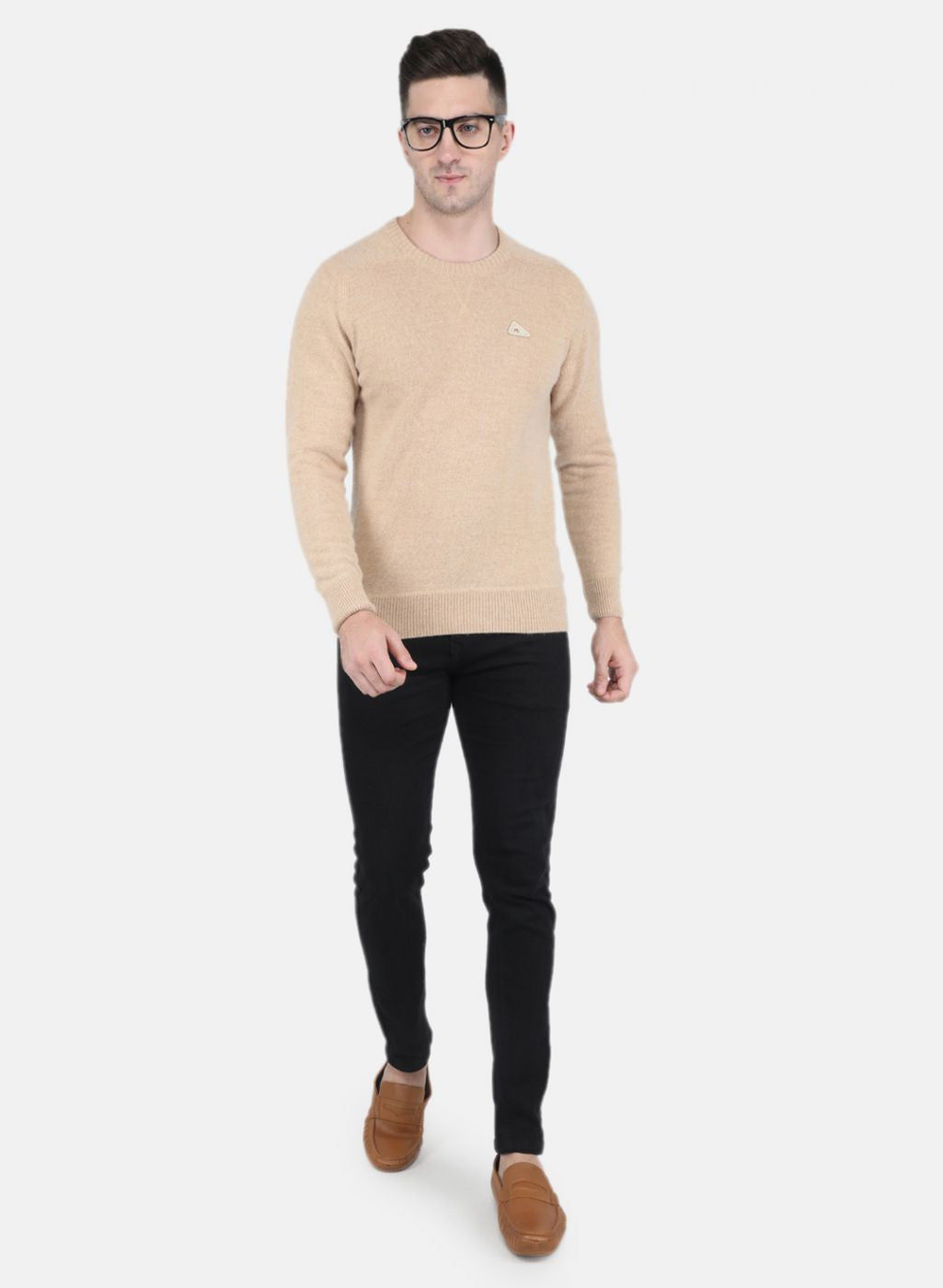 Men Beige Solid Pullover