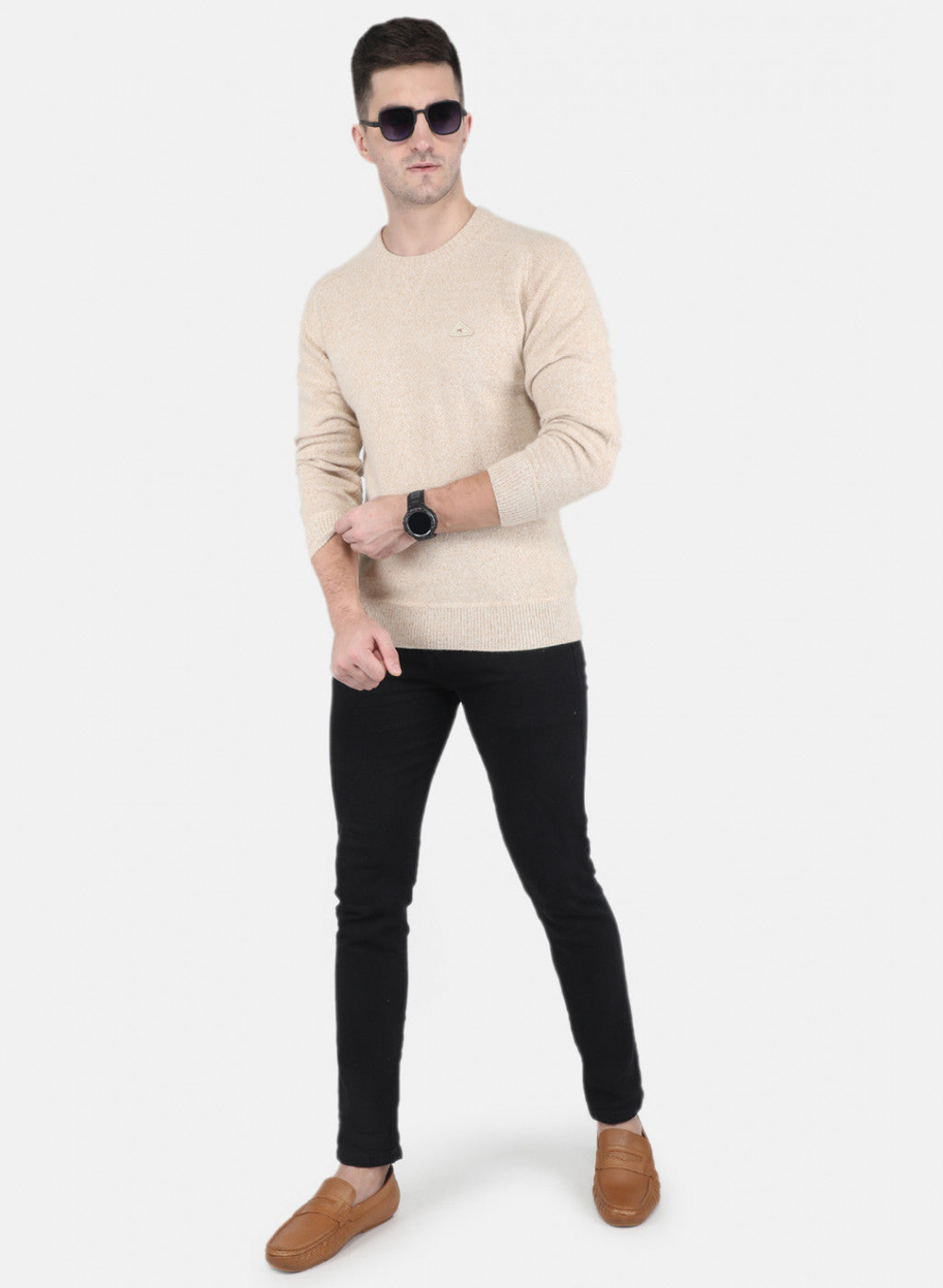 Men Beige Solid Pullover