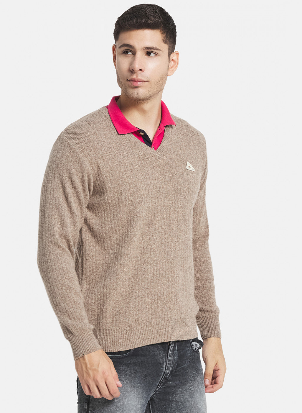 Men Beige Solid Pullover