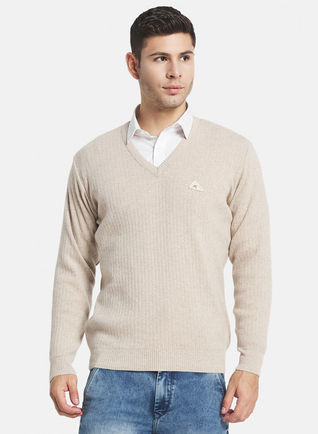 Men Beige Solid Pullover