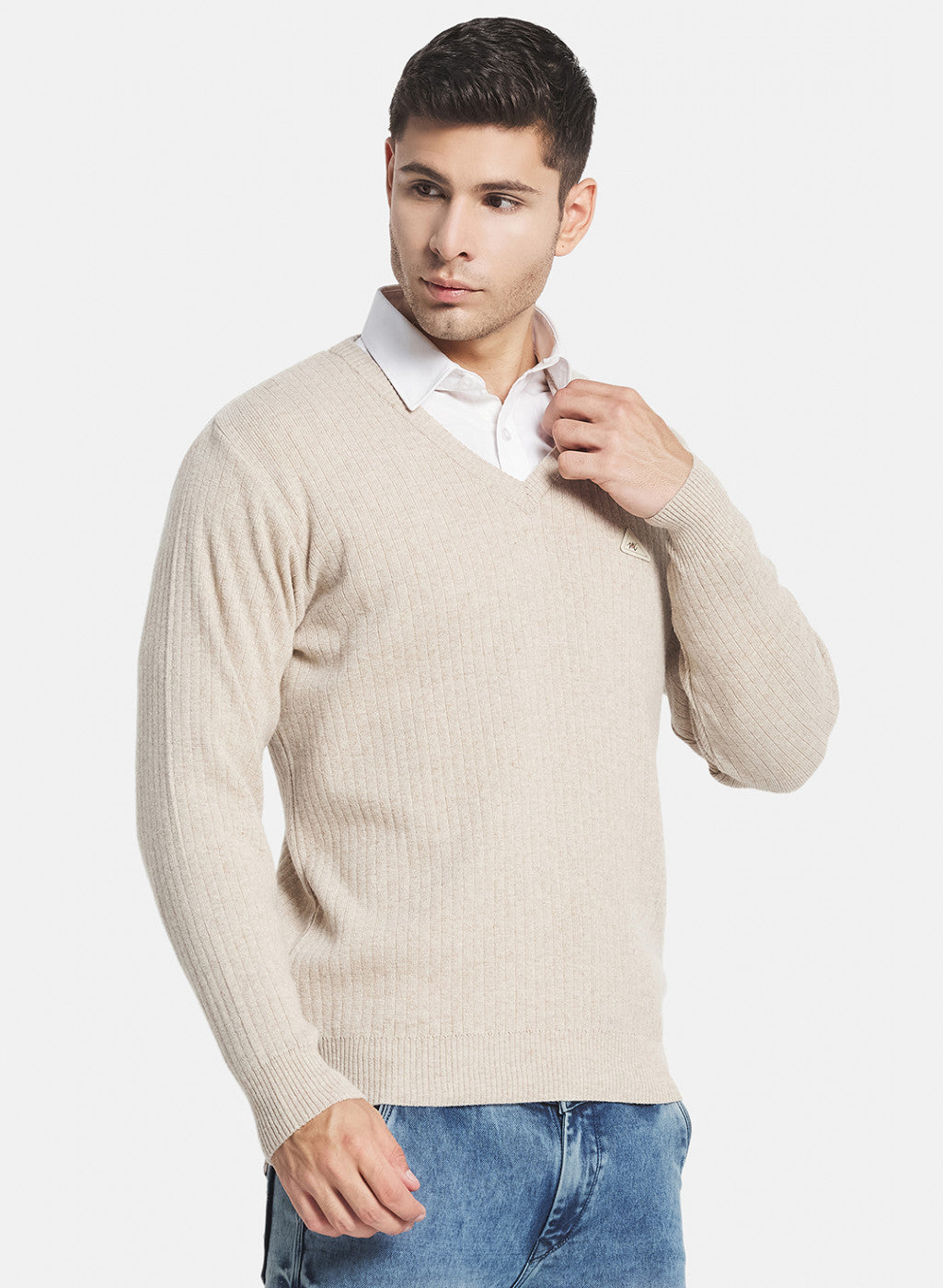 Men Beige Solid Pullover