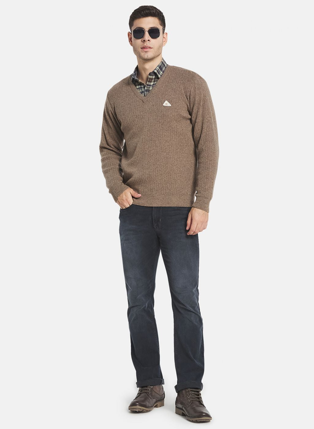 Men Beige Solid Pullover