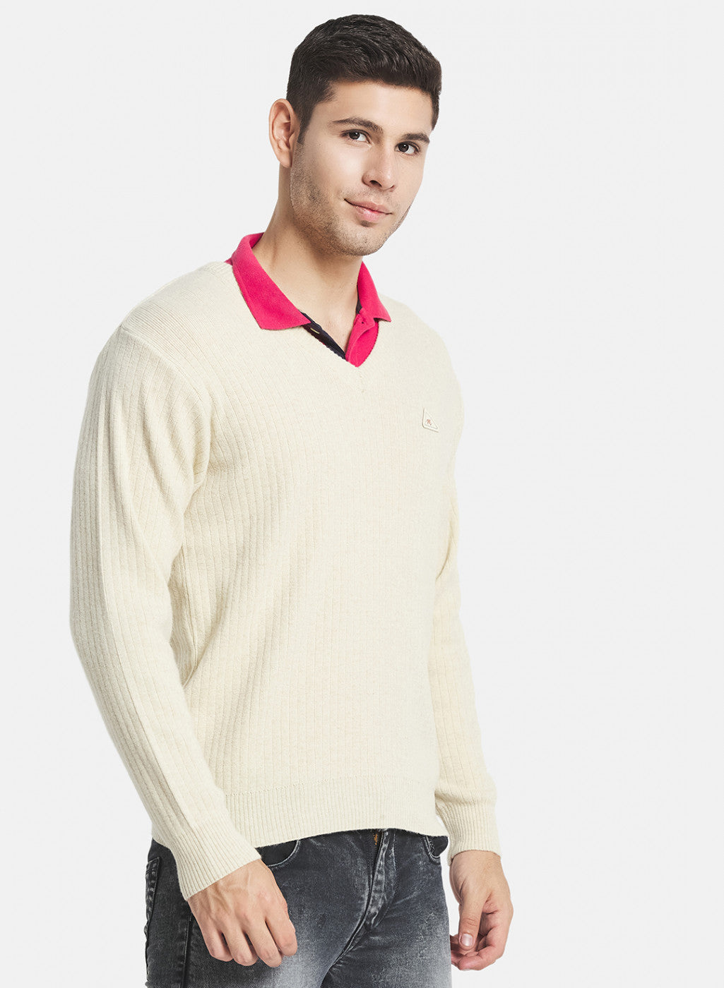 Men Off White Solid Pullover