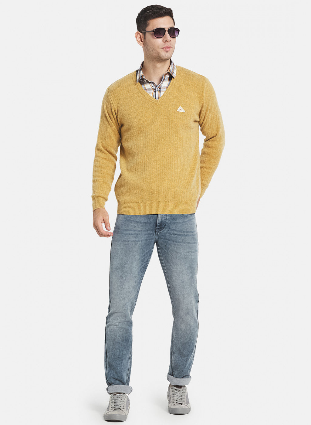 Men Mustard Solid Pullover